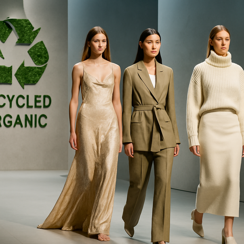 Modellen op een modeshow dragen luxe duurzame kleding van gerecyclede en organische materialen.