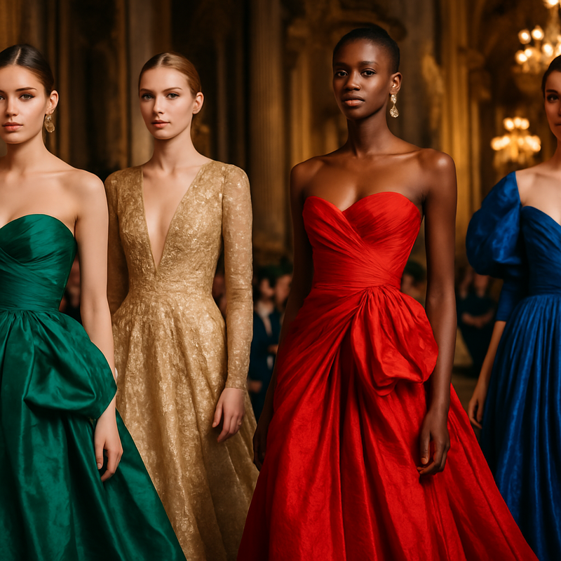 Models op de haute couture catwalk in exclusieve, rijk gekleurde en handgemaakte kleding