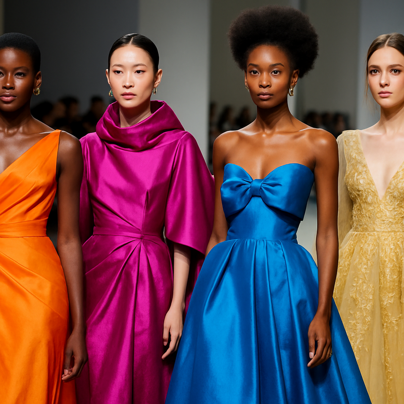 Diverse groep haute couture modellen op de catwalk in elegante kleding