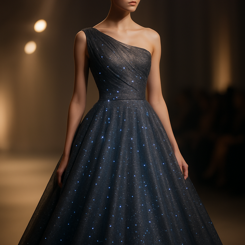 Foto van een luxe avondjurk met subtiele slimme textieltechnologie op de runway