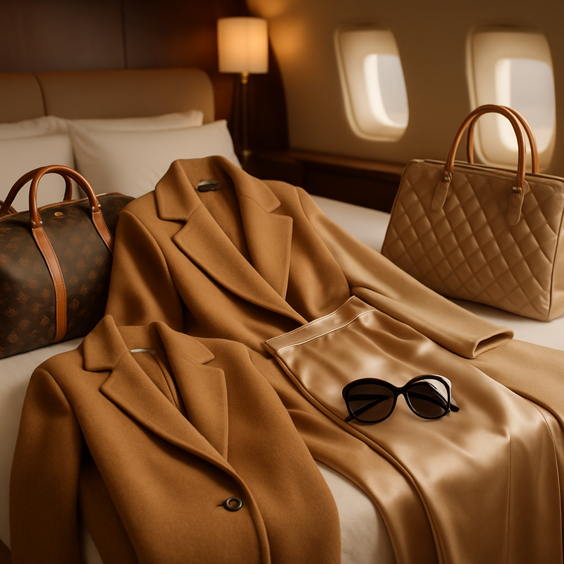 Duurzame en multifunctionele luxe reiskleding netjes geëxposeerd op bed in een luxe hotelkamer