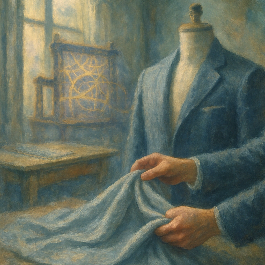 Een impressionistisch schilderij in Monet-stijl van een atelier, waar een elegante stof gedrapeerd wordt naast een abstract weefgetouw van lichtgevende, met elkaar verweven draden. Het symboliseert de synergie tussen content en de onderliggende SEO-architectuur.