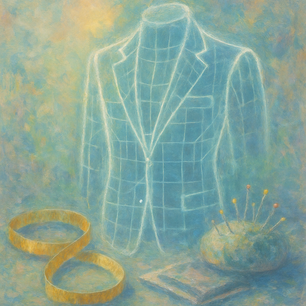 Een impressionistisch schilderij in Monet-stijl van een digitale blauwdruk voor een maatpak, met zachte kleuren die een gevoel van verfijning en planning uitstralen. Het toont de samensmelting van traditioneel vakmanschap en moderne technologie.
