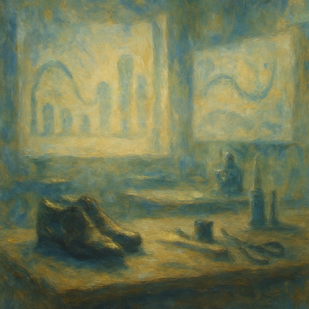 Een Monet-stijl schilderij van een ambachtelijke werkplek, subtiel vermengd met impressionistische datavisualisaties, symbool voor het meten en verfijnen van digitale strategieën.