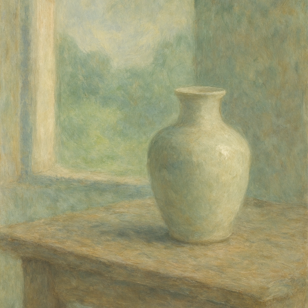Een Monet-achtig schilderij van een handgemaakte, elegante keramische vaas op een rustieke houten tafel, badend in zacht natuurlijk licht dat door een raam valt, met een onscherpe achtergrond van een groen landschap. Het benadrukt rust, vakmanschap en tijdloze kwaliteit.