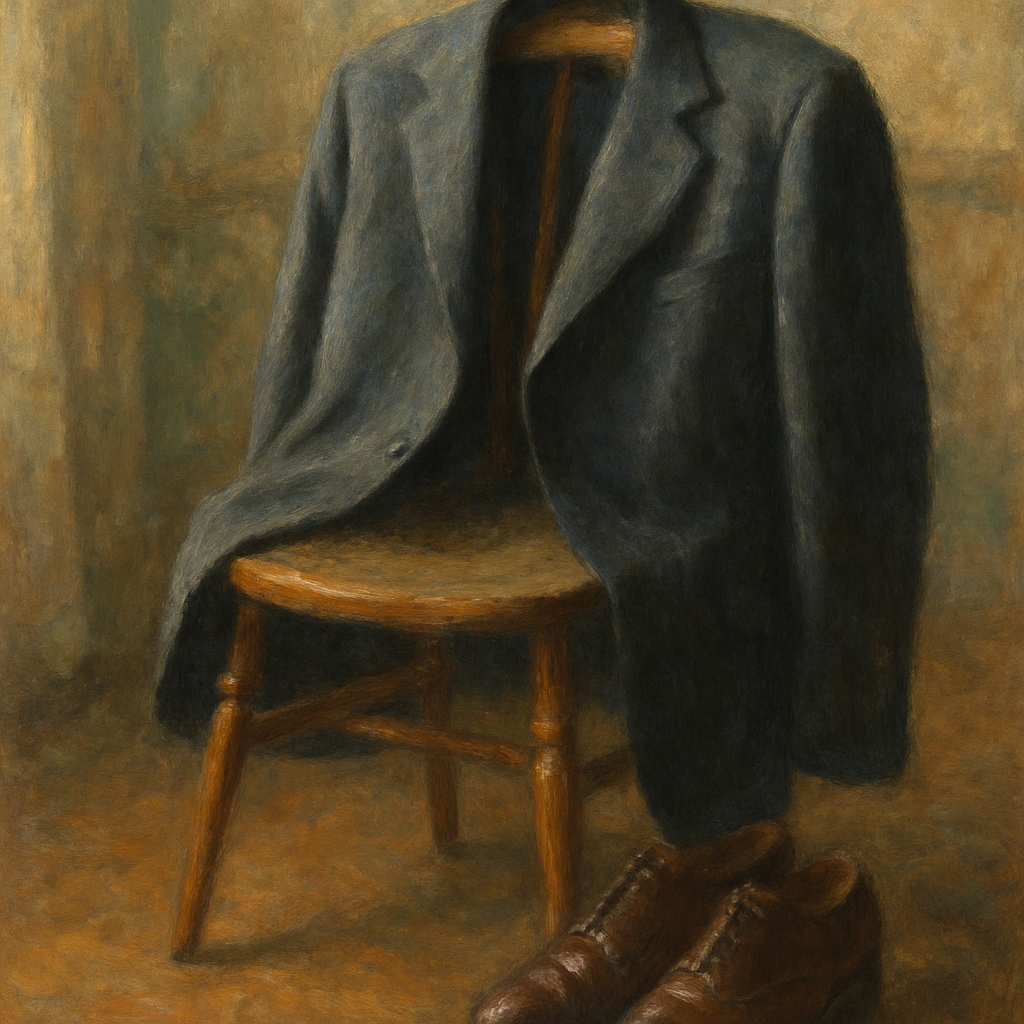 Een Monet-stijl schilderij van een klassiek herenkostuumjasje gedrapeerd over een houten stoel, met gepolijste Goodyear welted schoenen ernaast, wat staat voor duurzaamheid en vakmanschap.