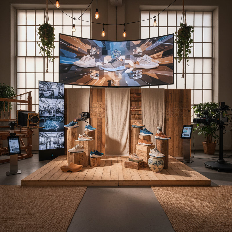 Fashion photography studio setup showing AI technology and sustainable sneaker designs with vintage Dutch design elements