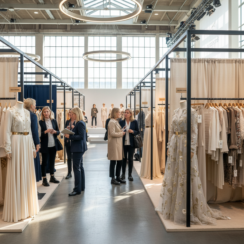 Interior of Modefabriek trade show with fashion buyers viewing gold and sustainable clothing collections