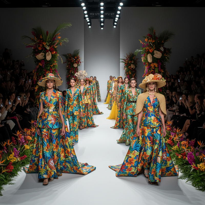 Haute couture runway met modellen in Caribisch geïnspireerde prints en tropische texturen onder dramatische verlichting