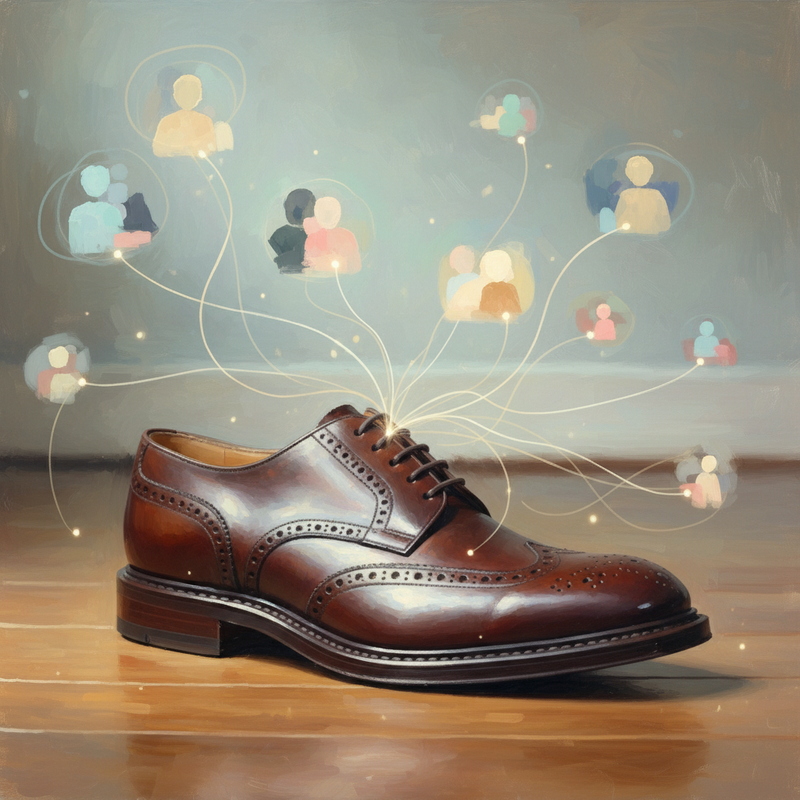 Een Monet-stijl schilderij van een elegante, donkerbruine Goodyear welted herenschoen op een glanzende houten vloer. Uit de schoen strekken zich delicate, lichtgevende draden uit die verbinding maken met zachte, ongedefinieerde vormen op de achtergrond, symbool staand voor externe digitale signalen en autoriteitsopbouw.