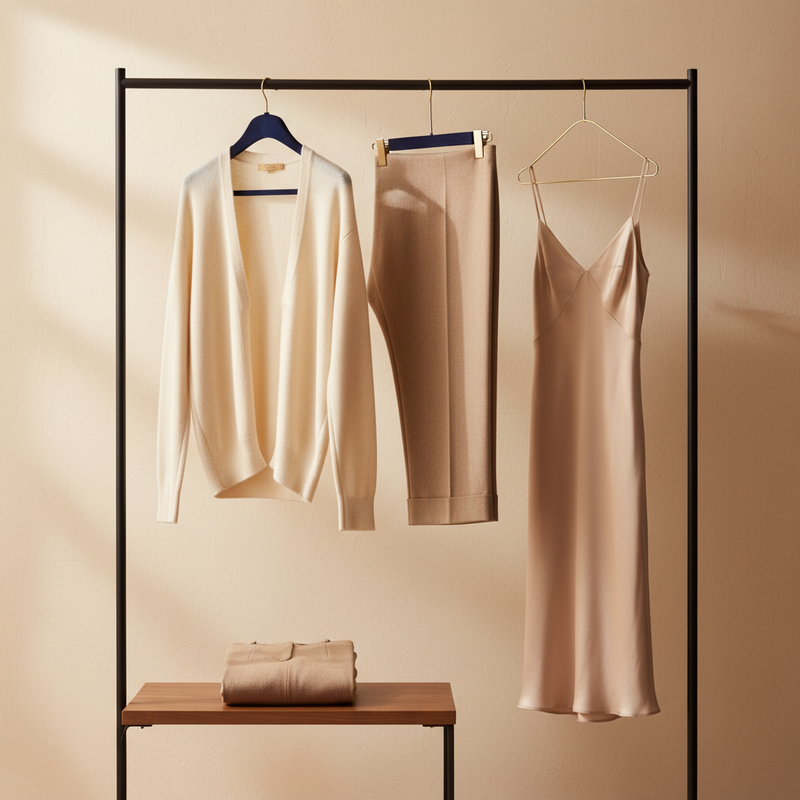 Luxury capsule wardrobe pieces including cashmere sweater, tailored trousers and silk slip dress in neutral tones arranged on elegant rack