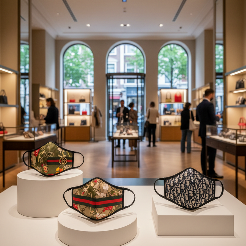 Luxury fashion masks from Gucci and Dior displayed on white pedestals in upscale Dutch boutique setting