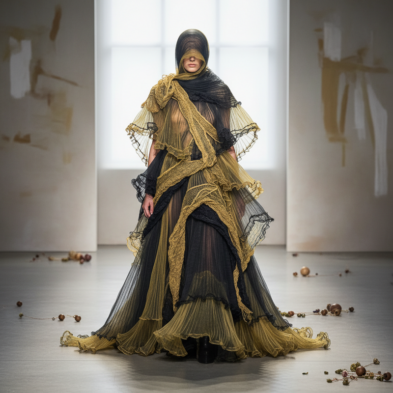 Close-up of haute couture outfit with layered yellow-grey fabrics and pleated textures inspired by food materials on fashion runway