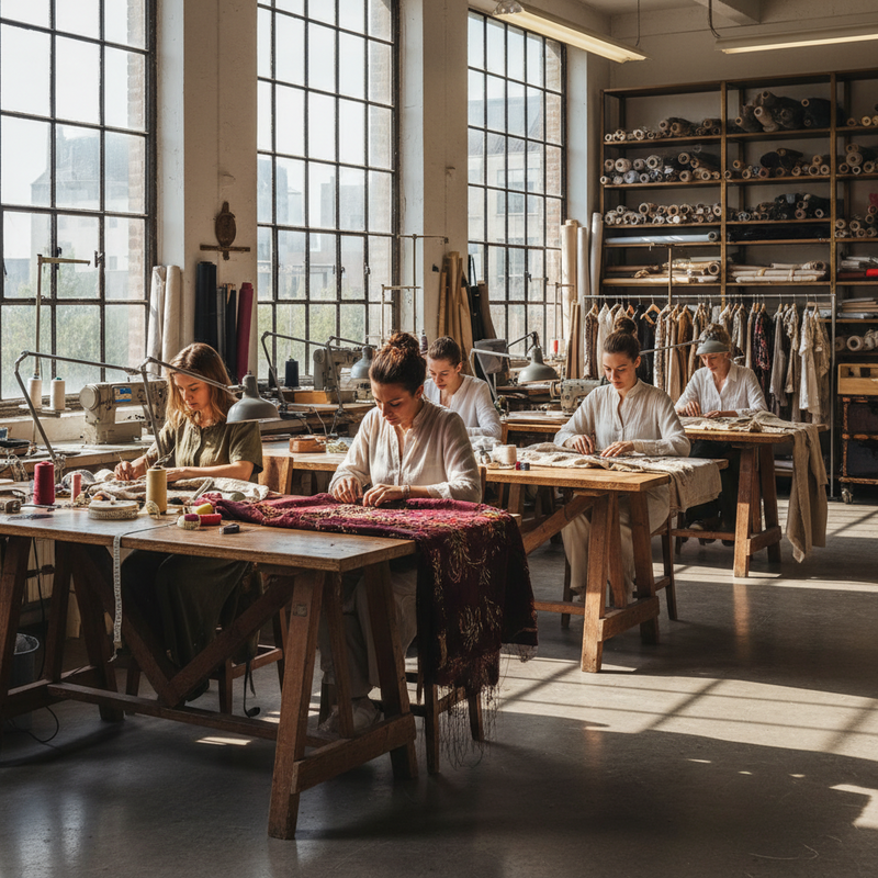 Luxe mode-atelier met ambachtslieden die handmatig borduren aan houten werktafels met rollen zijde op de achtergrond