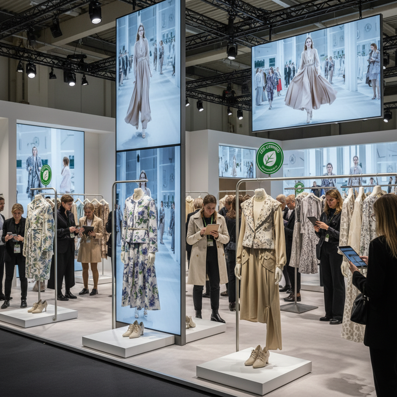Contemporary fashion trade show interior with digital screens and haute couture displays showing hybrid format integration