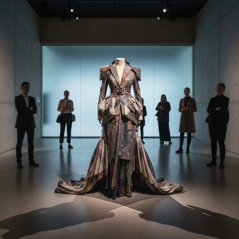 Avant-garde fashion piece in museum setting combining cultural identity with haute couture construction techniques