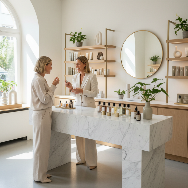 Luxe boutique interieur met consultant die klant adviseert over nicheparfums aan marmeren toonbank
