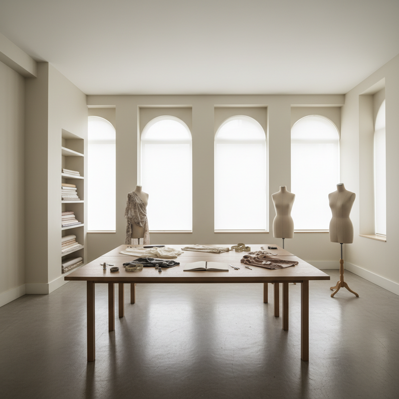 Leeg haute couture atelier met designtafel en stoffen, symboliseert afwezigheid van economische data in de modesector