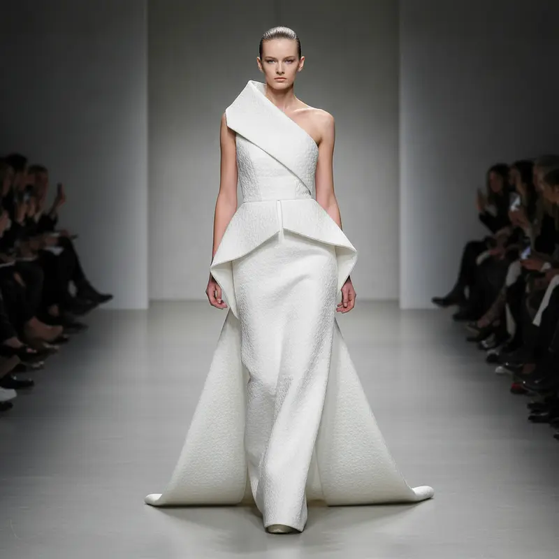 Minimalist white haute couture gown with architectural draping on runway at Amsterdam Fashion Week 2026