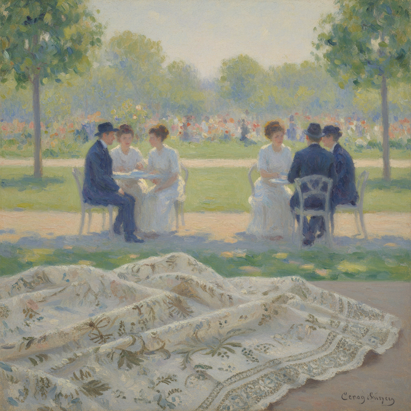 Een Monet-achtig schilderij met een antieke kanten stof op de voorgrond. Op de achtergrond zijn vage figuren van mensen in gesprek, gesitueerd in een rustige, tuinafbeelding, alles in zachte, impressionistische pasteltinten.