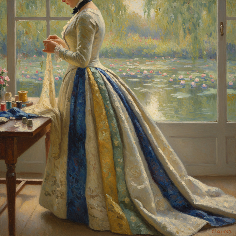 Een Monet-achtig schilderij van een ambachtsman die zorgvuldig een kledingstuk naait, opgebouwd uit verschillende stofsegmenten. De scène symboliseert het vakmanschap van doelgroepsegmentatie.