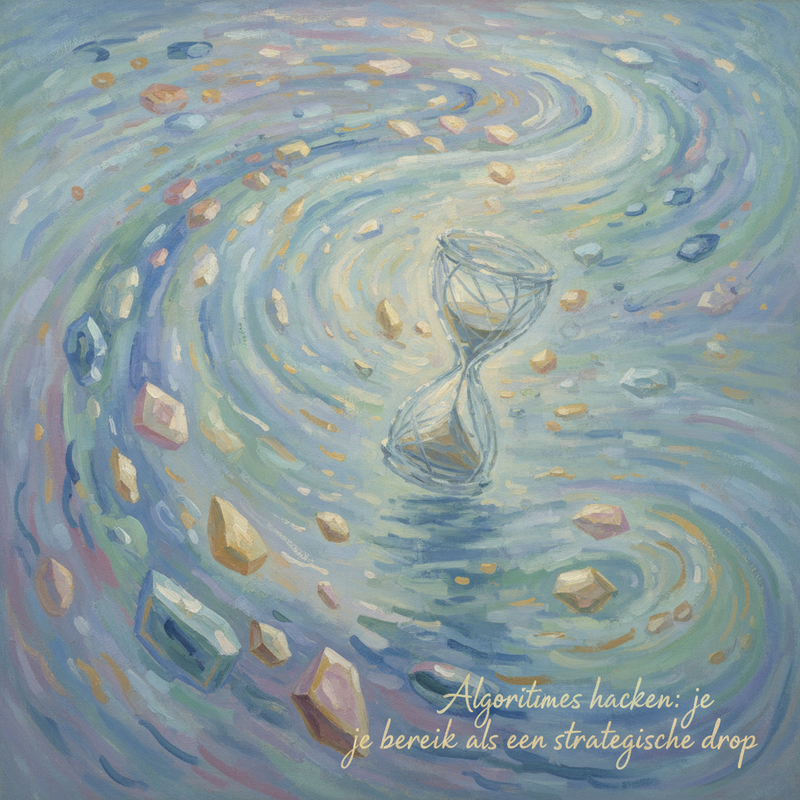 Een Monet-achtig schilderij met abstracte vormen en zachte kleuren die datastromen en netwerken voorstellen. Geometrische vormen symboliseren strategisch geplaatste content binnen een digitaal landschap. Het roept een gevoel op van berekende groei en timing op sociale media.