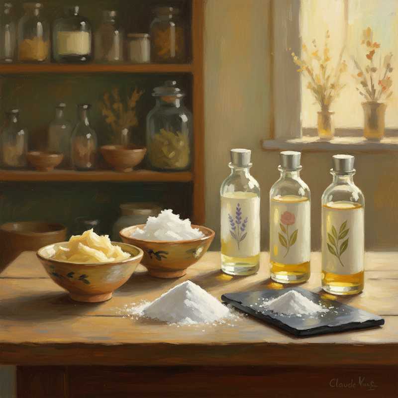 Een Monet-stijl schilderij toont kommetjes met kokosolie, sheaboter, zuiveringszout, magnesiumpoeder en flesjes essentiële olie, zachtjes belicht. De kleuren zijn pastel en de vormen wazig, wat een serene en natuurlijke sfeer creëert.