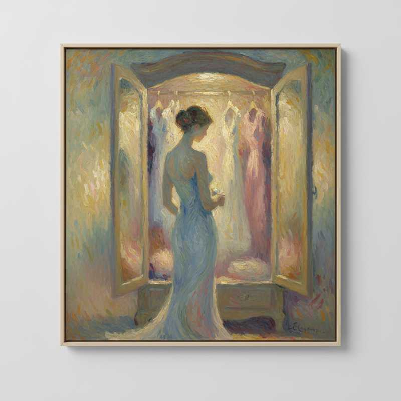 Een Monet-stijl schilderij met een zacht afgebeelde figuur voor een kledingkast, gevuld met impressionistische vormen en kleuren die een harmonieus kleurenpalet en tijdloze kledingstijlen suggereren.