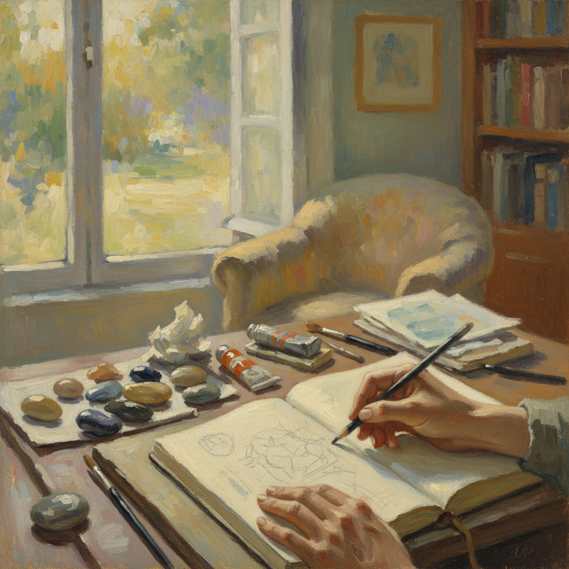 Een Monet-stijl schilderij van handen die in een warme, lichtgevulde ruimte aan een creatieve taak werken, met vage, impressionistische details die de nadruk leggen op echtheid en het proces van creatie.