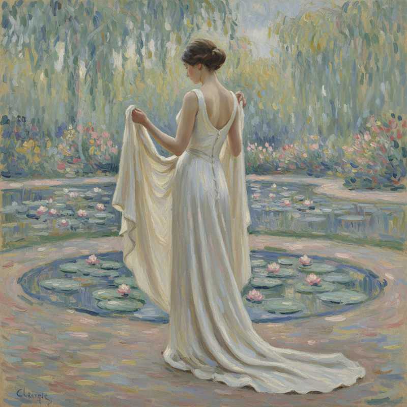 Een Monet-stijl schilderij van een elegante figuur die een kledingstuk vasthoudt, met een zachte, impressionistische achtergrond die harmonie en circulariteit in de mode suggereert.