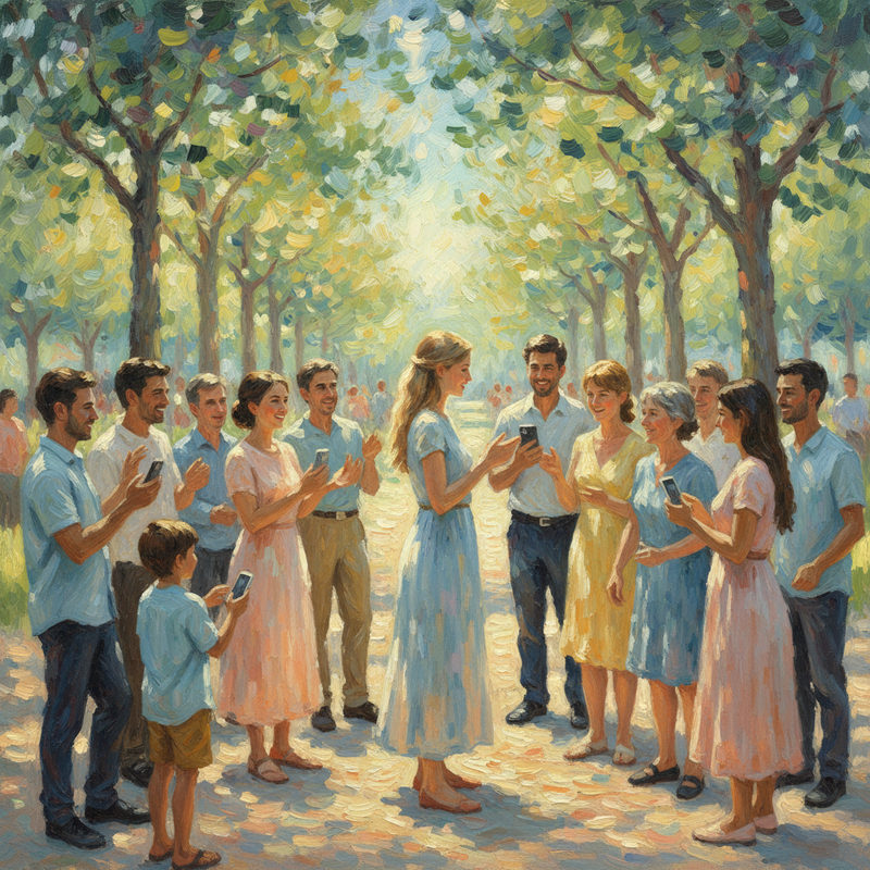 Een Monet-stijl schilderij van een diverse groep mensen die in een warme, natuurlijke omgeving met elkaar communiceren en betrokken zijn, met een centrale figuur die hen aanstuurt.