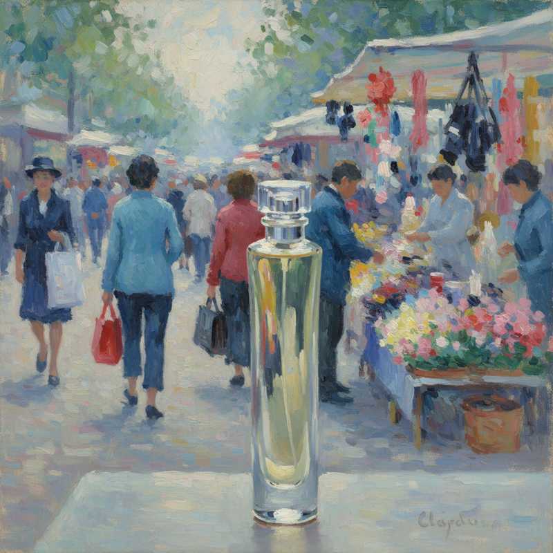 Een impressionistisch schilderij in Monet-stijl van een elegante, maar onopvallende parfumfles op de voorgrond. De achtergrond toont een wazige, kleurrijke weergave van een bruisende buitenmarkt, wat de toegankelijkheid van luxe symboliseert.