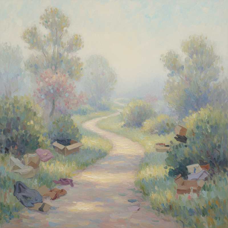Een Monet-stijl schilderij van een rustgevend, slingerend pad door een dromerig landschap, dat de stappen van een retourprocedure symboliseert.