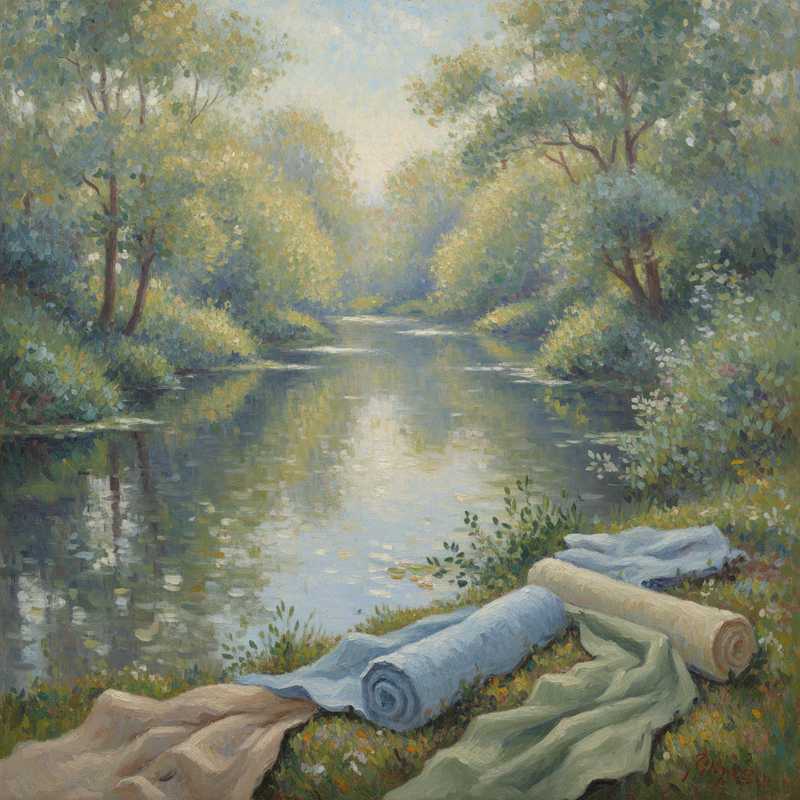 Een Monet-achtig schilderij van een rustige rivier of vijver omringd door weelderig groen, met zacht zonlicht dat door bladeren filtert en subtiele reflecties op het water creëert. De kleuren zijn gedempte pasteltinten. Op de voorgrond, delicaat gedrapeerde stoffen in aardse tinten die bijna één worden met de natuurlijke omgeving, symboliseren duurzame modekeuzes en de 'sillage' van bewuste consumptie. Het geheel ademt een sfeer van reflectie en harmonie.