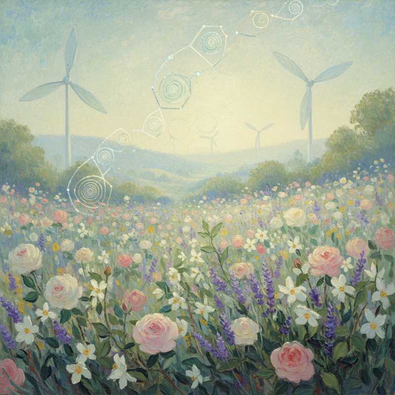 Een impressionistisch schilderij in Monet-stijl. Het toont uitgestrekte, bloeiende velden van rozen en jasmijn, badend in zacht zonlicht, met hints van zorgvuldige, duurzame oogstpraktijken. Subtiele, vloeibare vormen en heldere, abstracte lijnen suggereren geurmoleculen en schone technologie. De compositie is rustig en harmonieus, met een focus op natuurlijke schoonheid en innovatieve vooruitgang in de parfumindustrie.