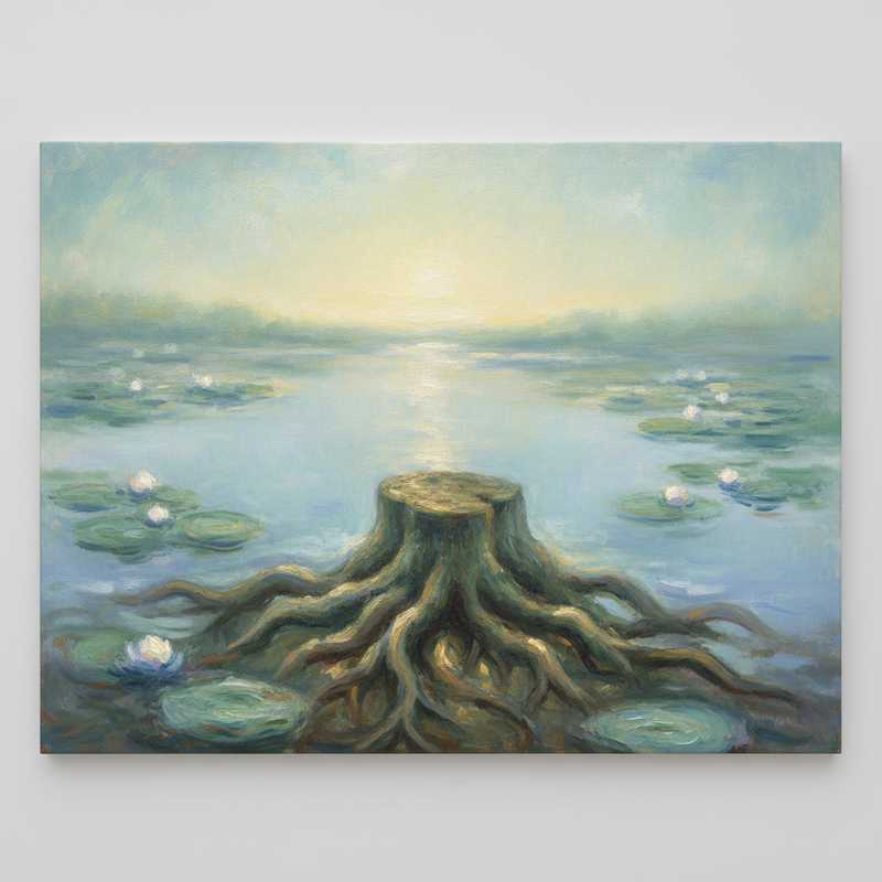 Een Monet-stijl schilderij van zacht stromend water en de diepe wortels van een elegante boom, met een serene, mistige horizon die mentale helderheid en groei uitbeeldt.