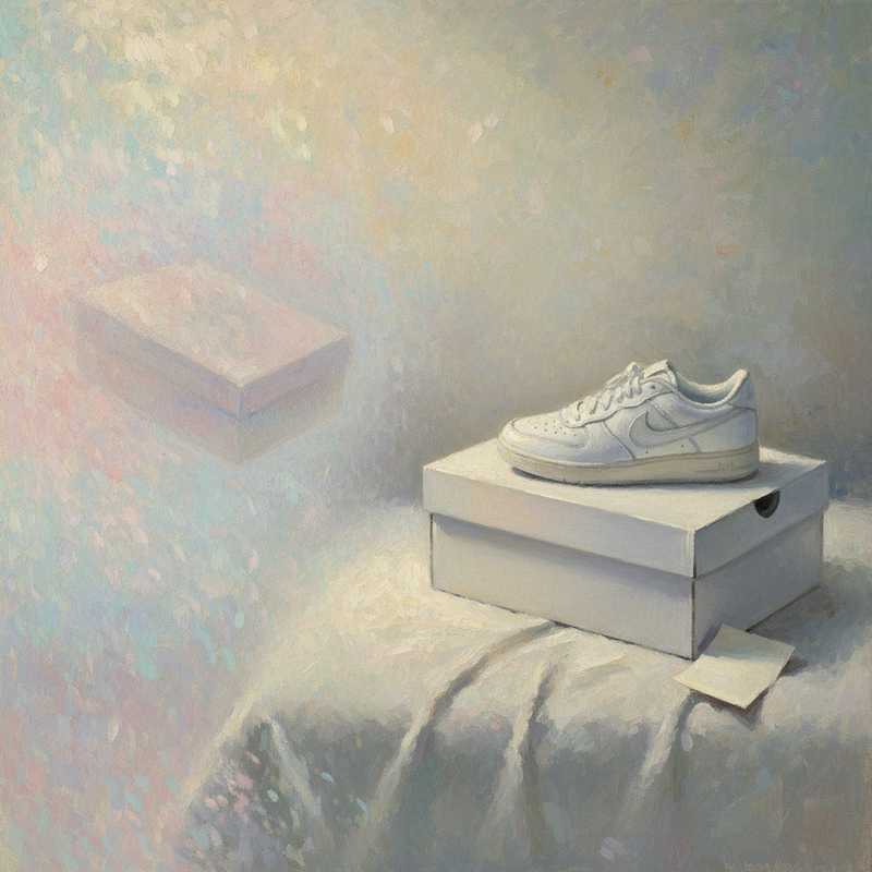 Een Monet-stijl schilderij dat de emotionele overgang van opwinding naar de kalme acceptatie van een retour weergeeft. Een ongerepte schoen en verpakking liggen naast een aankoopbewijs, alles gehuld in zachte, dromerige kleuren.
