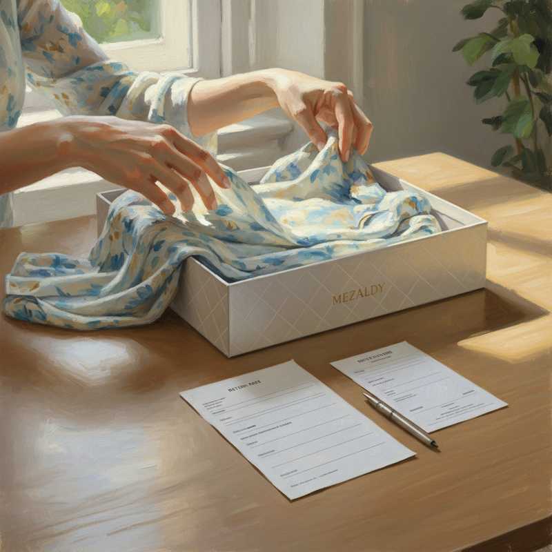 Een Monet-stijl schilderij van handen die een kledingstuk zorgvuldig inpakken, met een retourformulier en factuur ernaast, belicht door zacht, gedempt licht.