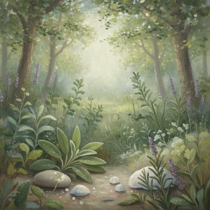 Een Monet-achtige schildering van dauwfrisse groene kruiden en minerale stenen in zacht ochtendlicht, symboliserend de natuurlijke ingrediënten van 'wild' deodorant.