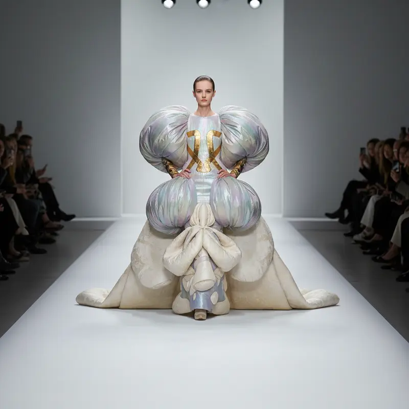 Model in exaggerated volume haute couture gown with metallic silk and dramatic sculptural silhouette on Paris Fashion Week runway