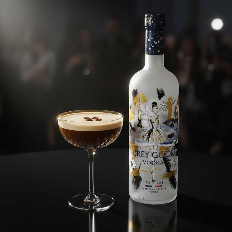 Luxe espresso martini met goudbestoven koffiebonen naast limited-edition Grey Goose fles met Devil Wears Prada 2 design