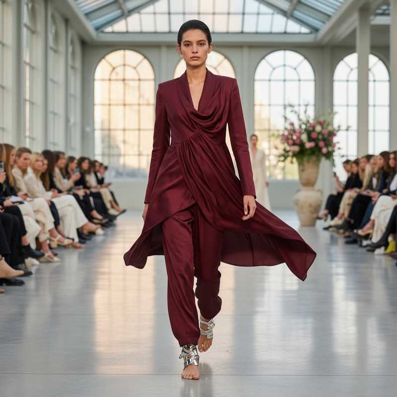 Model in draped burgundy silk blazer and flowing wide-leg pants on haute couture runway showing Spring 2026 controlled softness trend