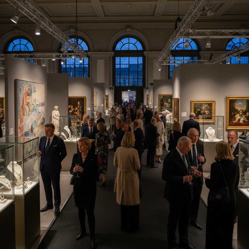 Interior view of TEFAF Maastricht art fair with well-dressed collectors viewing luxury jewelry and fine art exhibitions