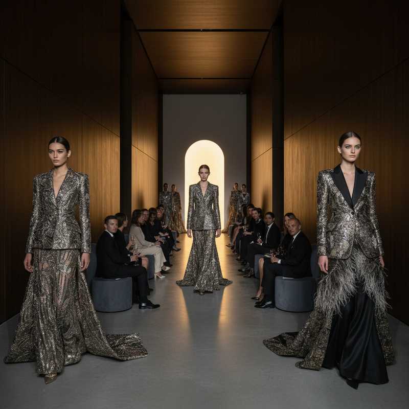 Luxury fashion runway show with models in haute couture pieces and exclusive audience highlighting 2026 market shift to creativity and exclusivity