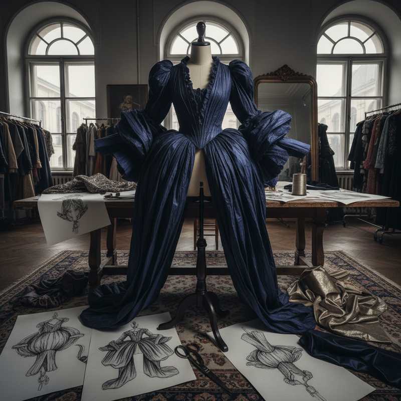Fashion atelier workspace showing draped dress form with voluminous 18th-century inspired technical fabric and design sketches representing John Galliano's Zara collaboration