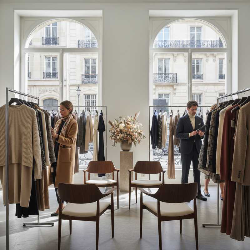 Luxe Parijse showroom met Britse designerstukken en selecte inkopers tijdens Paris Fashion Week herfst winter 2026