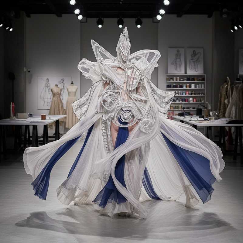 Sculptural haute couture garment with flowing translucent fabrics on minimalist runway showcasing Dutch craftsmanship and architectural design