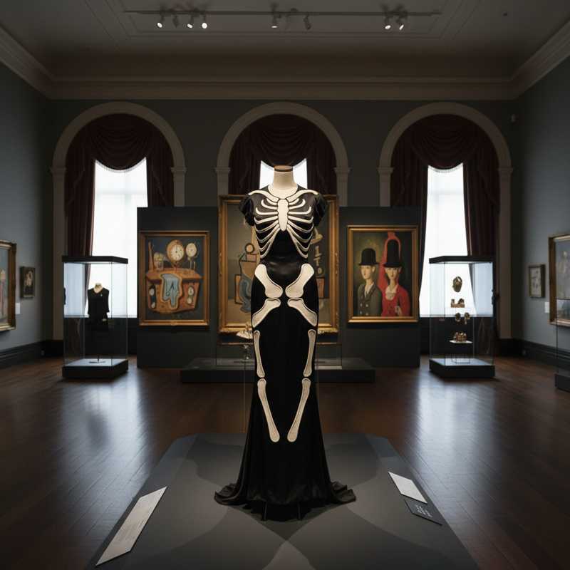 Black evening gown with white skeletal bone piping design on display in museum gallery setting