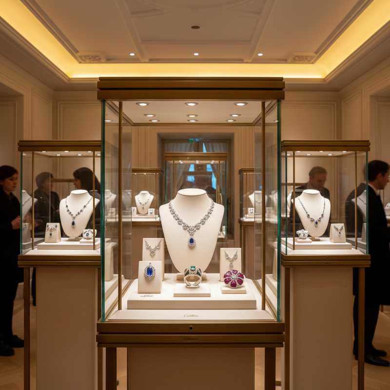 Luxury jewelry exhibition display cases at Sotheby's Paris showing Cartier and Van Cleef & Arpels pieces including diamond jewelry and sapphire pendants