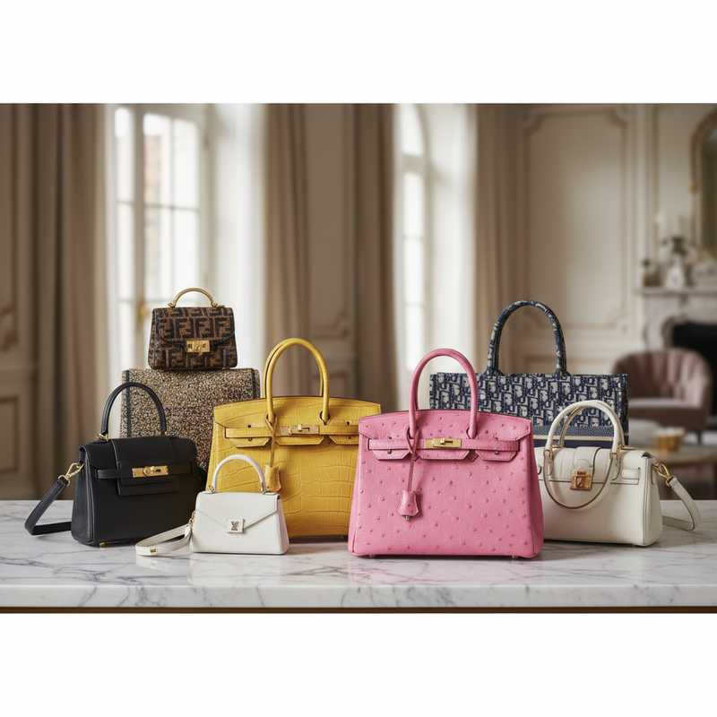 Luxe handtassencollectie met Hermès Birkin bags in geel en roze plus designer tassen van Louis Vuitton, Dior en Jacquemus